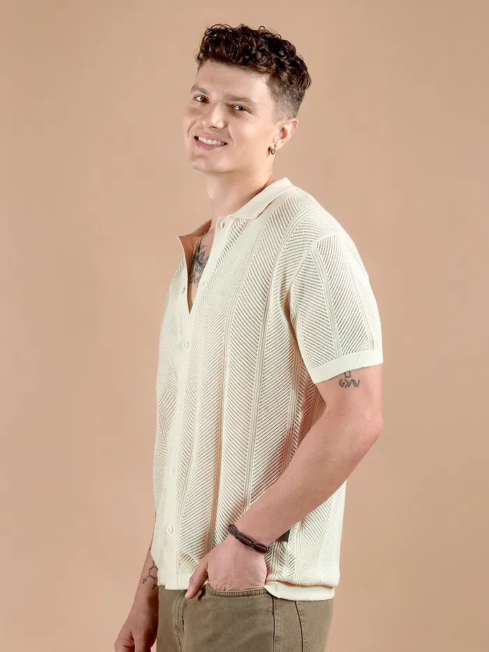 Cream Half-Sleeves Knitted Mens Shirt